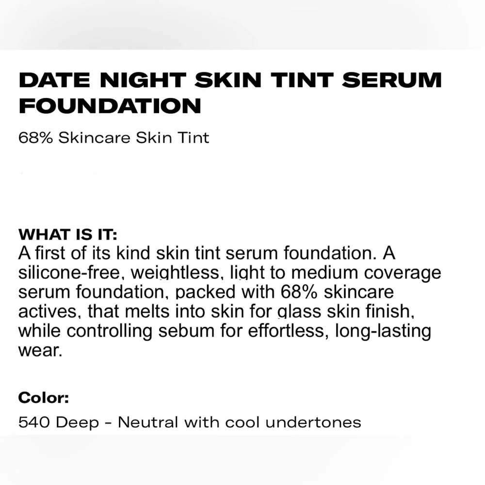 Youthforia Date Night Skin Tint Serum Foundation - Deep (BNIB)